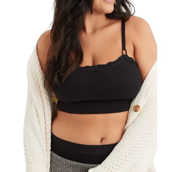 Aerie True Black Stretch Unpadded Pointelle Lace Trim Longline Bralette Large - Picture 1 of 8